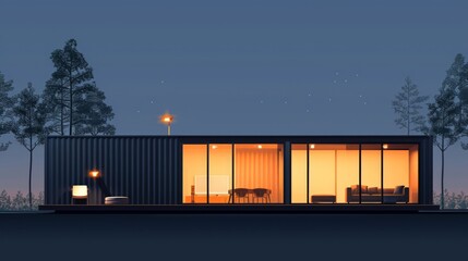 Obraz premium Minimal Container Home Front View at Twilight
