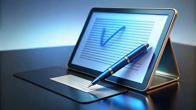 Digital signature concept featuring a stylized electronic signature pad with a pen cursor hovering over a displayed