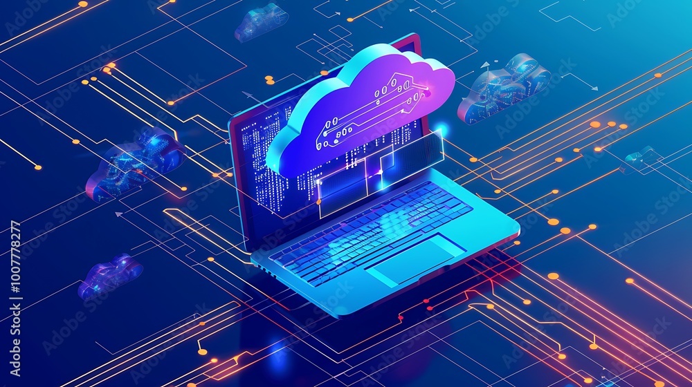 Poster laptop with a cloud computing symbol above it, showcasing the digital technology that connects us wi
