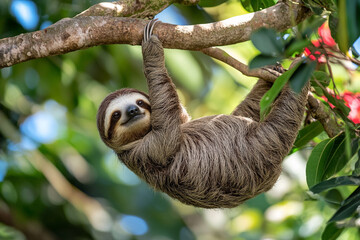 Fototapeta premium Sloth, funny animal hanging on tree