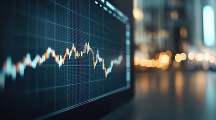 Bearish market with a plummeting stock graph in a dimly lit financial district at dusk