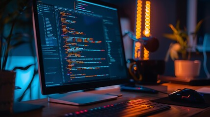 Computer with code on monitor keyboard and mouse on desk focus on software development programming technology workspace for modern coding digital innovation concept.