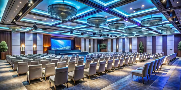 Elegant conference hall with rows of chairs, stage, and LCD screen, ready for corporate presentations, product
