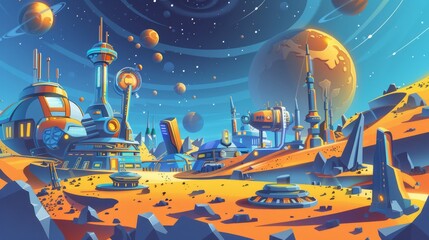 Obraz premium Futuristic 3D Cartoon Space Colony Landscape