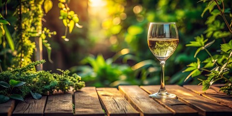 Elegant etched wine glass sits on a rustic wooden table, surrounded by lush greenery, with a subtle blur,