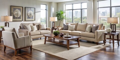 Elegant ensemble of six-piece living room furniture set featuring sleek sofa, loveseat, armchair, coffee table, and two