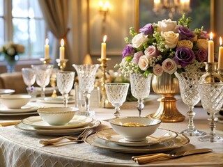 Fototapeta premium Elegant formal dinner setting with fine china, crystal glasses, and a lace tablecloth, emphasizing refined manners and
