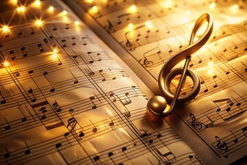 Elegant, golden-lit background features neatly arranged, crisp sheets of music with treble clefs, lyrics, and harmonies