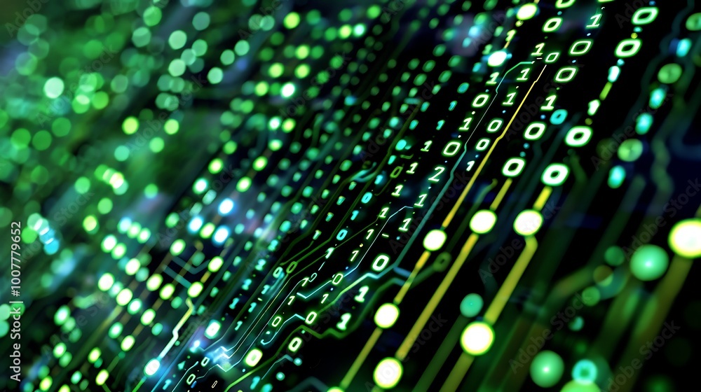 Poster abstract digital circuitry with binary code as background. the image uses vivid green and yellow col