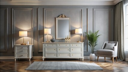 Elegant modern dresser with ornate mirror and lamp, placed against a soft gray wall in a serene, minimally