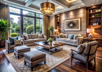 Elegant modern living room showcasing seven distinct interior design styles, from minimalist to eclectic, with varying