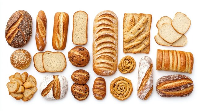 top view Various breads and pastries, various artisanal bread items, baguettes, rolls, bagels, sliced ​​bread, white background. Ai generated image