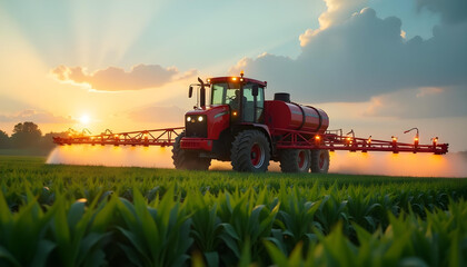 Obraz premium Red Tractor Spraying Crops at Sunset