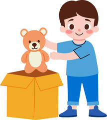 Fototapeta premium Happy Boy Playing with Teddy Bear in Cardboard Box
