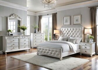 Elegant white bedroom furniture set with ornate mirrored dresser, tufted headboard, and plush area rug, styled with