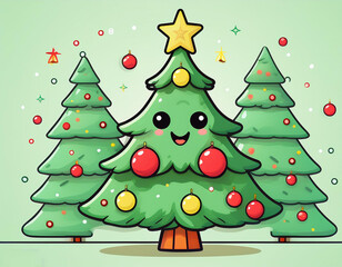 Fototapeta premium cute christmas tree kawaii ilustration-generated by ai