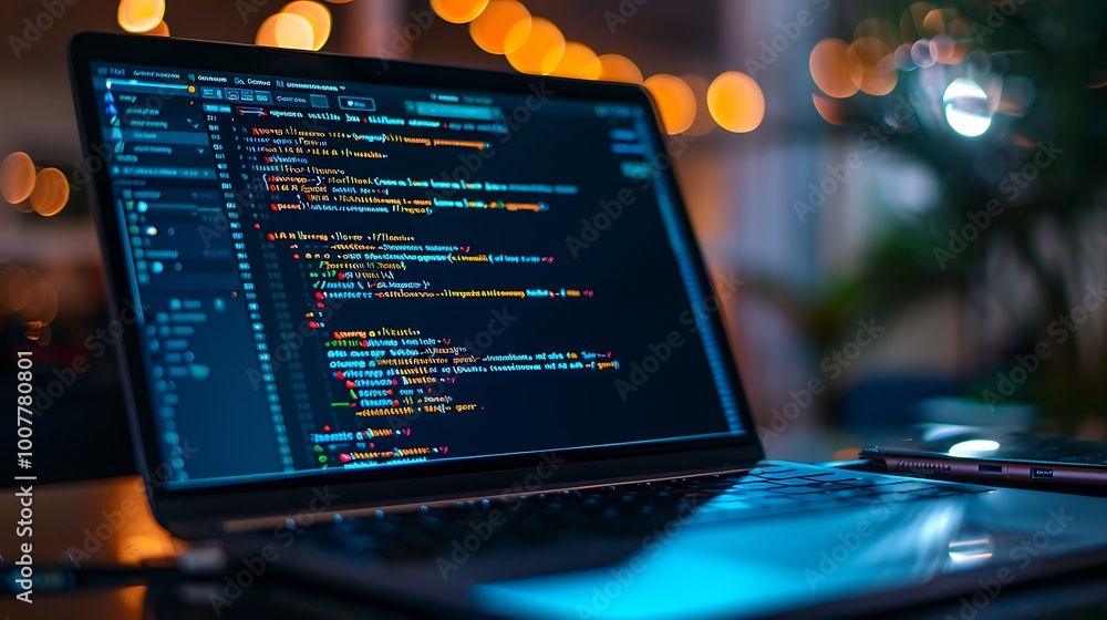 Poster close-up of a laptop with code displayed on the screen, showcasing the world of programming and soft