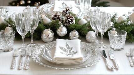 Fototapeta premium Christmas or New Year's Eve dinner concept. Festive dining table setting with winter flower arrangements on a decorated table. Ai generated image