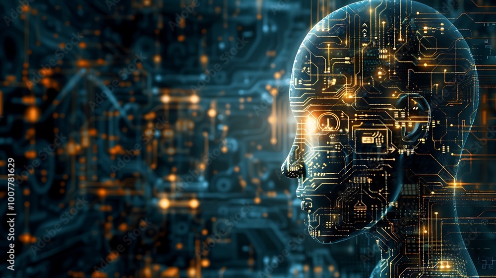 Poster digital illustration of a humanoid head composed of circuitry and glowing lights, representing the c