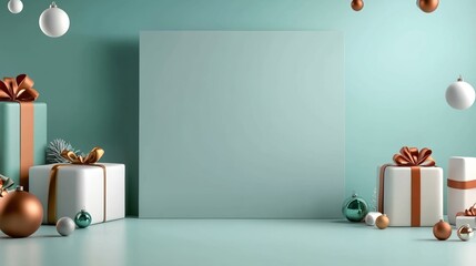 Festive holiday scene with gifts, ornaments, and a blank canvas for creativity.