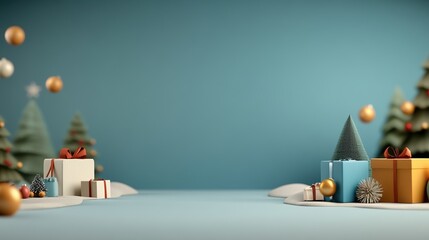 Festive holiday scene with gifts and trees on a soft blue background.