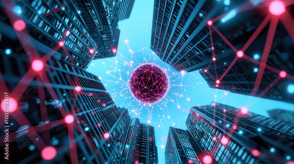 Poster digital network technology concept featuring glowing sphere surrounded by interconnected lines and n