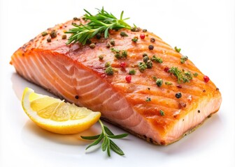 Freshly cooked salmon fillet, expertly seasoned and grilled to perfection, isolated on a clean white background,