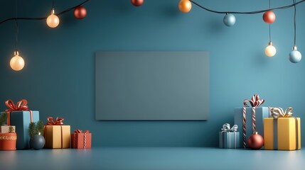 Festive scene with colorful gifts and string lights against a blue wall.