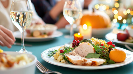 festive family gathering around beautifully arranged Thanksgiving dinner featuring turkey, vegetables, and seasonal decorations. atmosphere is warm and inviting