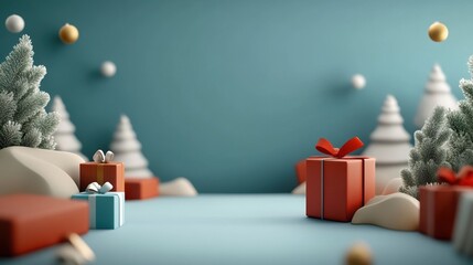 Festive scene with decorated Christmas gifts and snowy trees on a blue background.