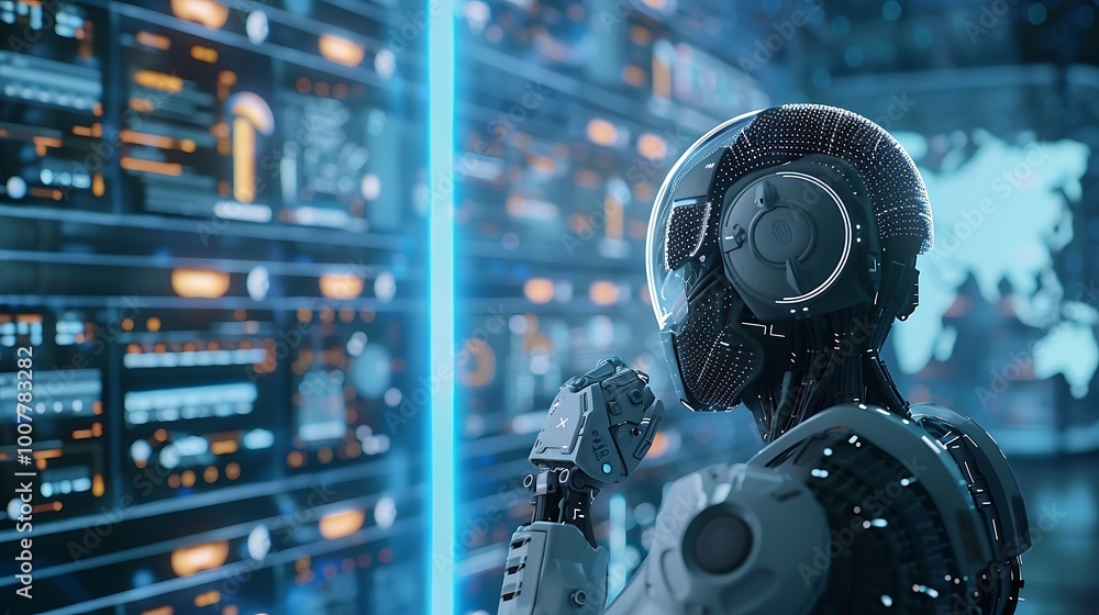 Poster futuristic robot analyzes data on multiple screens in a server room. it showcases advancements in ar