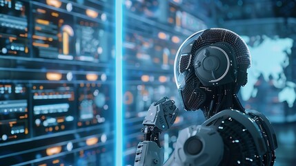Futuristic robot analyzes data on multiple screens in a server room. It showcases advancements in artificial intelligence and automation.