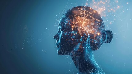 Digital illustration of human head made of lines and dots for artificial intelligence and digital mind in modern technology and neural network visualization concept.