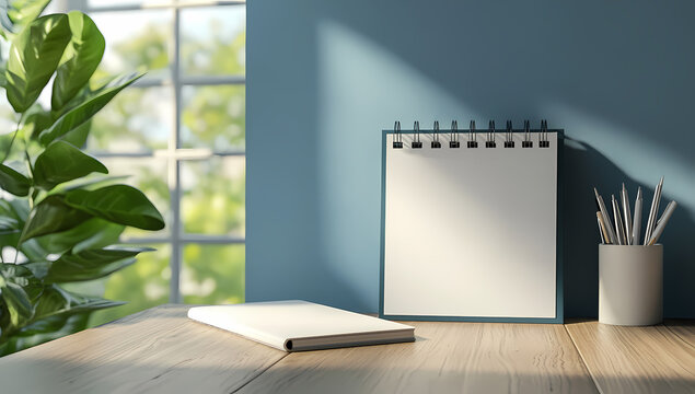 Minimalist desk setup with calendar and greenery by window