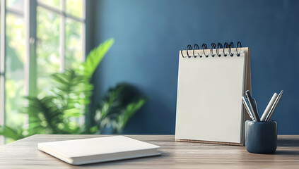 Minimalist desk setup with calendar and greenery by window
