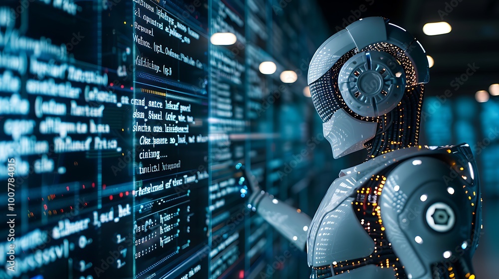 Poster advanced humanoid robot interacts with a vast screen filled with lines of code.