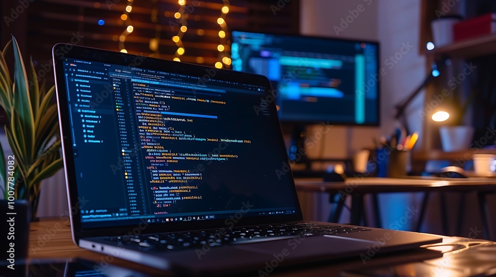 Poster laptop displaying code sits on a desk in a dimly lit office a classic image of a programmer working 