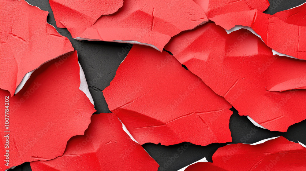 Poster red torn paper pieces create striking visual contrast against dark background, evoking sense of crea