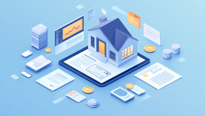 Obraz premium Digital illustration of online bill surrounded by real estate icons.
