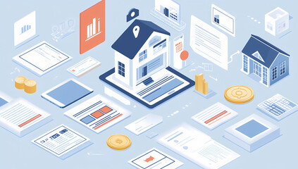 Obraz premium Digital illustration of online bill surrounded by real estate icons.