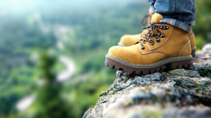 Hiking boots on rocky cliff, showcasing durability and adventure. vibrant landscape in background enhances thrill of outdoor exploration
