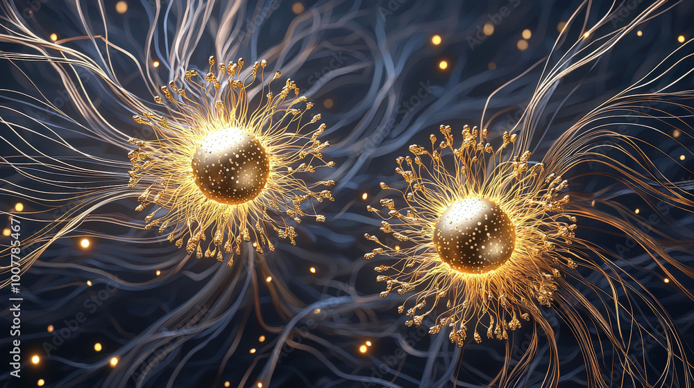 Poster golden spherical particles with glowing tendrils create mesmerizing visual effect, representing beau