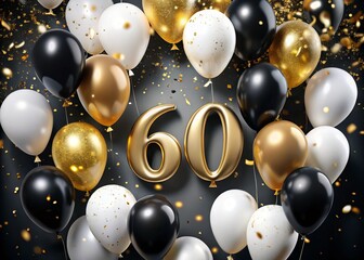 Golden confetti and balloons surround a elegant black and white invitation with a bold six-zero design, perfect for