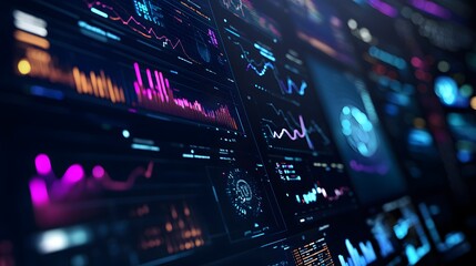 Digital Dashboard Displaying Graphs, Charts, and Data