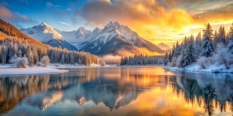 Golden dawn breaks over snow-capped mountains, casting a warm glow on frosty peaks and tranquil frozen lake, amidst