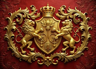 Golden embossed crest featuring a regal lion and unicorn supporting a shield, adorned with intricate flourishes,