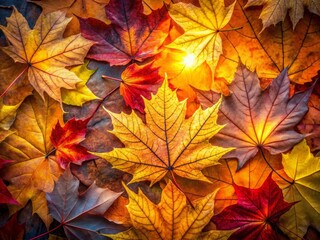 Fototapeta premium Golden light illuminates a scattered arrangement of colorful autumn leaves, showcasing their intricate veins and edges