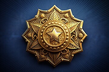 Golden police badge with intricate details and ornate design elements on a dark blue background, symbolizing law