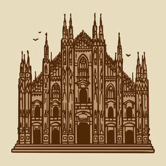 Fototapeta premium Line art drawing of the Milan cathedral, Italy, architecture tourism landmark, travel destination illustration