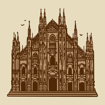 recommend clip art: Line art drawing of the Milan cathedral, Italy, architecture tourism landmark, travel destination illustration